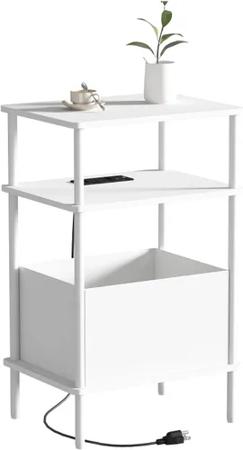 Vista 9 de Mesa auxiliar pequeña con estación de carga, mesa auxiliar para espacios pequeños, mesita de noche delgada con tomacorriente, sofá junto a la mesa