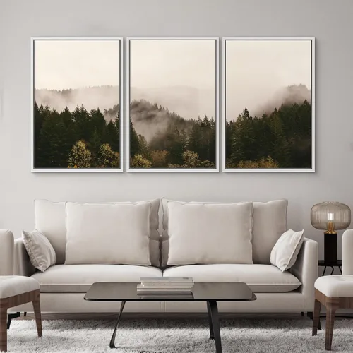 Vista 29 de SIGNWIN Lienzo enmarcado para pared, juego de arte pastel con cadena montañosa, bosque, niebla, naturaleza silvestre, ilustraciones modernas, arte