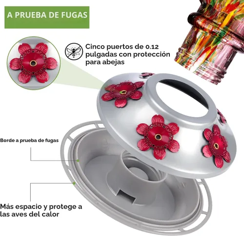 Vista 3 de BOLITE - Alimentador de colibríes, de vidrio soplado a mano, para colgar en exteriores, con trampa para hormigas y 5 puertos de alimentación, 22