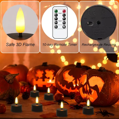 Vista 5 de GenSwin 12 velas de té recargables con base de carga y temporizador remoto, velas LED sin llama, funciona con pilas, para Halloween, otoño, mesa