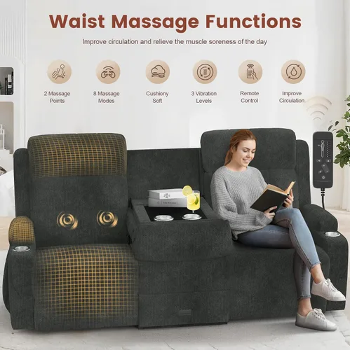 Vista 34 de Sofá de Dos Plazas Reclinable, Sofá Reclinable de Masaje con Gran Capacidad de Peso, Silla de Dos Plazas para RV en Liquidación con Consola, USB