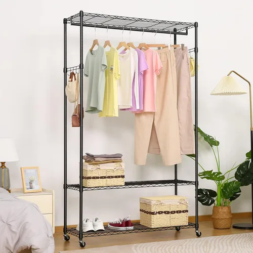 Vista 7 de Homdox Perchero de ropa con ruedas de grado comercial, estante de almacenamiento de ropa de 2 niveles con estantes de alambre ajustables, armarios