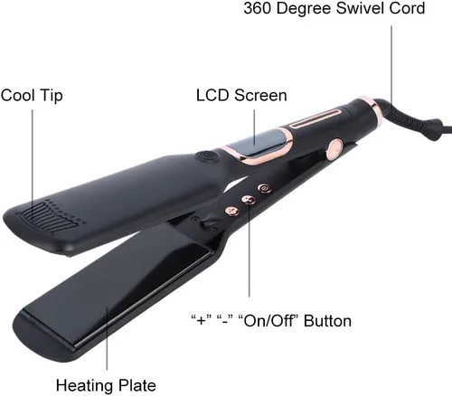 Vista 3 de Plancha de pelo profesional con pantalla LCD, placa ancha de 500 F, cable giratorio de 360°, negro y oro rosa