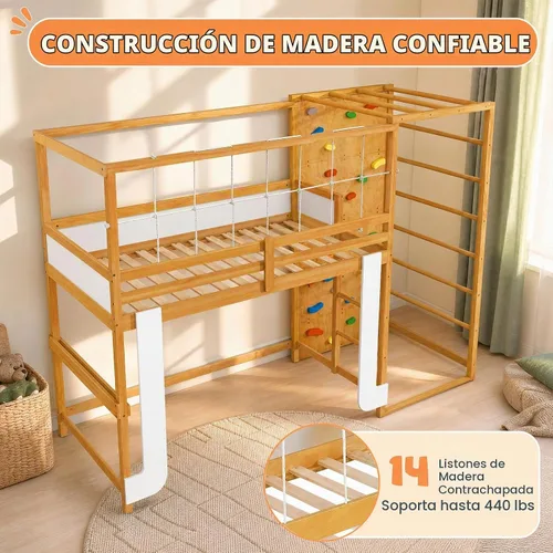 Vista 7 de KOMFOTT Twin Bunk Bed with Jungle Gym, Kids Loft Bed with Rock Wall,Natural