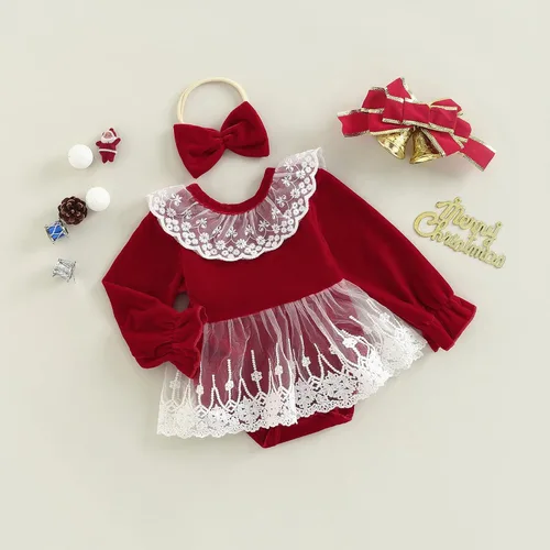 Vista 16 de Mameluco de Navidad para niñas recién nacidas, falda de malla de terciopelo rojo, traje de primera Navidad, regalo de Navidad