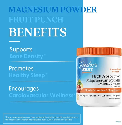 Vista 2 de Doctors Best - Polvo de magnesio de alta absorción glicinato de lisinato 100% quelado, relajación muscular y apoyo para dormir, sin gluten, vegano