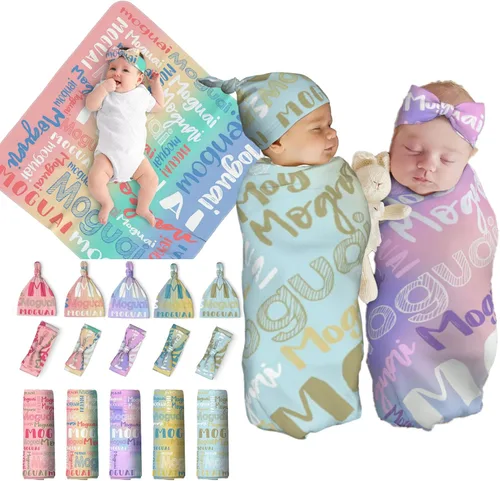 Vista 9 de Juego de manta personalizada para bebé con diadema acogedora y sombrero para niñas y niños recién nacidos, manta personalizada con nombre de bebé