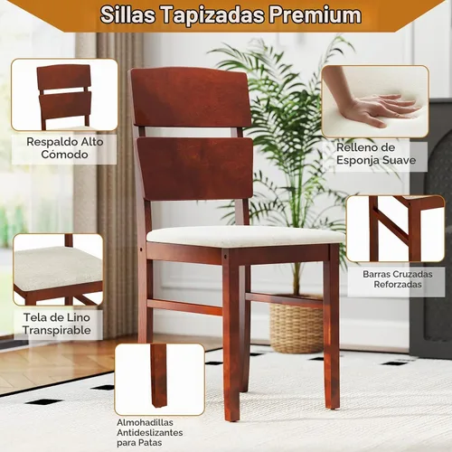 Vista 4 de Giantex Juego de mesa de comedor de 5 piezas para 4, mesa de comedor rectangular de granja con 4 sillas tapizadas, respaldo alto curvo, patas