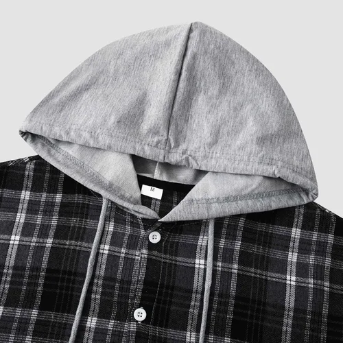 Vista 5 de Camisas de algodón a cuadros para hombre, chaqueta de franela con forro polar para hombre, camisa a cuadros de moda, hip hop, cárdigan con capucha