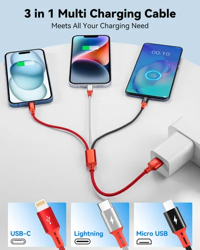 Vista 3 de Paquete de 2 cables de carga múltiple, 3 en 1, retráctil, cable de carga rápida, cargador USB C con Lightning/Micro/Tipo C para iPhone, iPad, Rojo