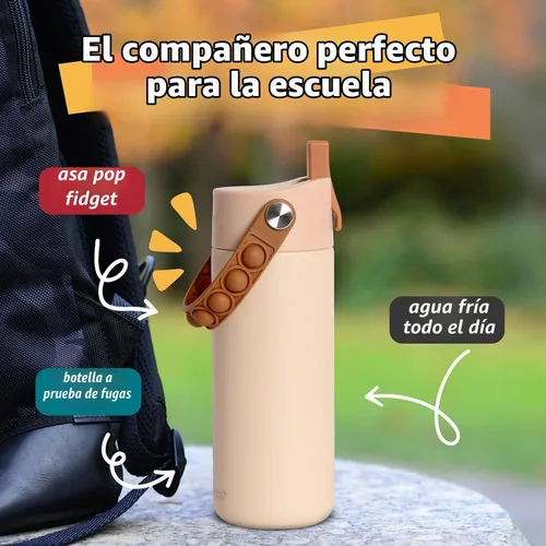 Vista 4 de Elemental Botella de agua aislada para niños, botella de agua de acero inoxidable con tapa de popote y asa Pop-it, botellas de agua a prueba