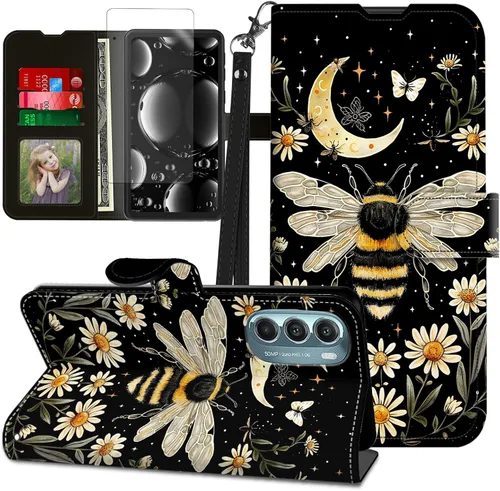 Vista 42 de Funda para Motorola Edge 2022 con protector de pantalla, soporte y tarjetero y correa para la muñeca, funda magnética para Moto Edge 2022 5G UW Lobo