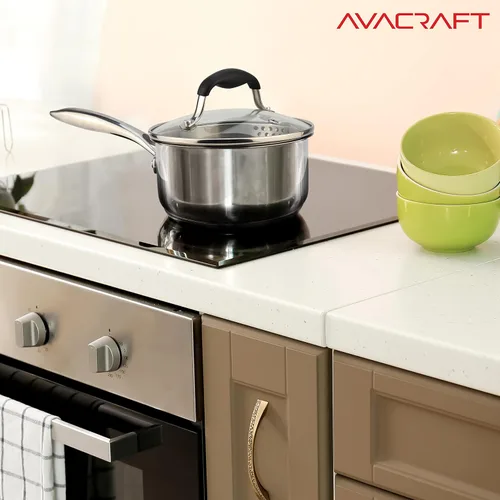 Vista 6 de AVACRAFT Cacerola de acero inoxidable con tapa de filtro de vidrio, dos boquillas laterales para verter fácilmente con mango ergonómico, olla