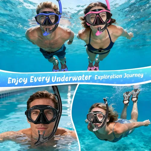 Vista 7 de Snorkeling Gear for Adults, Mask Fin Snorkel Set, Dry Top Snorkel Mask, Panoramic View Anti-Leak Anti-Fog 3 in 1 Snorkeling Kit Travel Diving