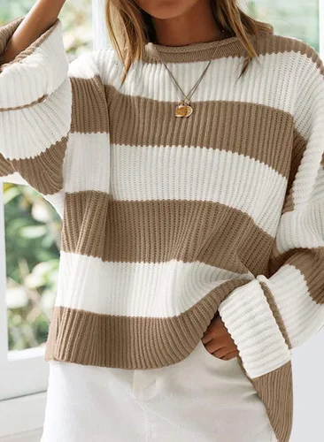 Vista 2 de ZESICA Suéter de punto de manga larga para mujer, cuello redondo, a rayas, bloque de color, cómodo, holgado, de gran tamaño, para otoño 2024