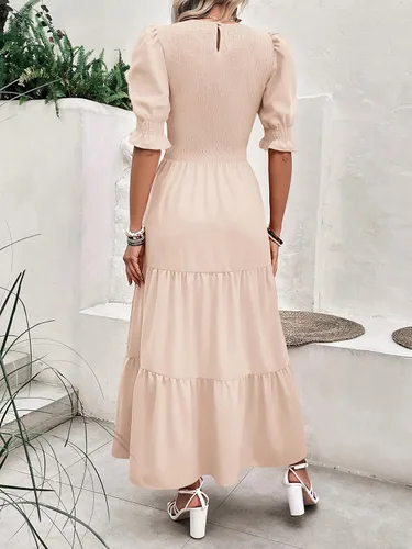 Vista 37 de BTFBM Vestidos para mujer, cuello redondo, casual, de verano, con volantes, manga corta, bohemio, con niveles, fruncido, largo, con estampado floral