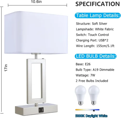 Vista 4 de BrightWe Juego de 2 lámparas de mesa para dormitorio, lámparas de mesa de control táctil con 2 puertos USB, lámparas de mesita de noche regulables