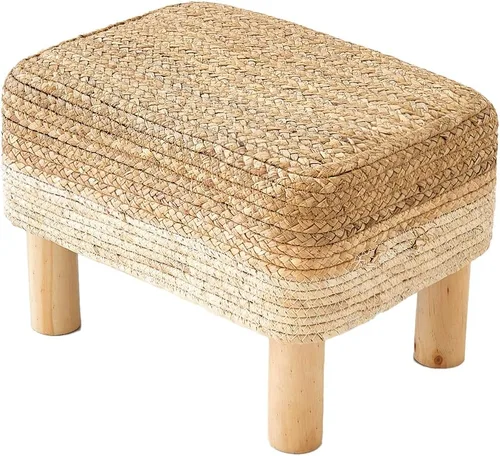 Vista 13 de Taburete redondo otomano natural de algas marinas, taburete de pie con 4 patas de madera, taburete redondo tejido a mano, taburete de sofá, taburete