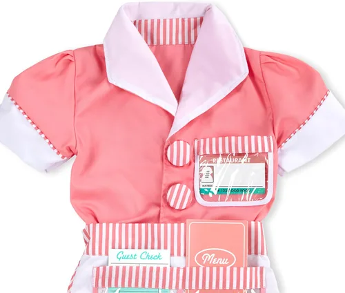 Vista 9 de Melissa & Doug Juego de disfraz de camarera (7 piezas) – Incluye delantal, almohadilla de pedido, gorra rosa de 3 a 6 años