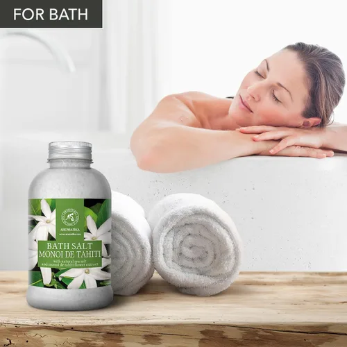 Vista 4 de AROMATIKA - Sal de baño Monoi de Tahiti 21.16 oz (600 g) – Aroma de flores de coco y gardenia – Baño relajante – Buen sueño – Aromaterapia – Baño