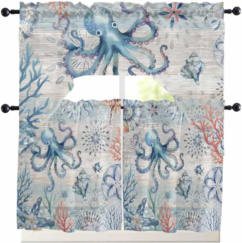 Vista 11 de Cortinas de cocina con cenefa de pulpo costero, con bolsillo para barra, paneles de cortina para dormitorio, sala de estar, baño, cafetería