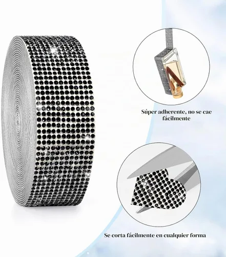 Vista 7 de 3 rollos de 9 yardas de cinta de diamantes de imitación de cristal Negro