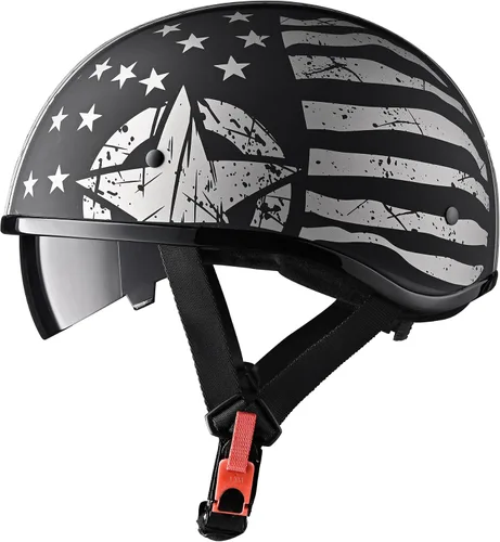Vista 10 de AHR Half Helmet with Sun Visor, Quick Release Buckle Half Face Warrior Motorcycle Helmet for Bike Chopper Cruiser DOT Approved, Run-D
