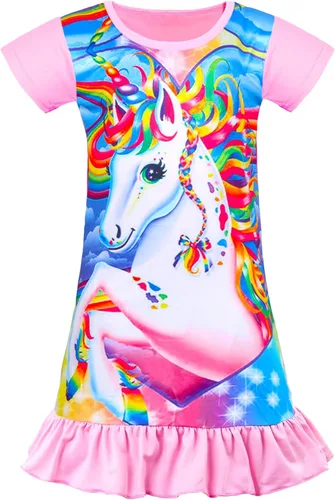 Vista 12 de Camisón de noche para niñas, vestido de noche, unicornio, arcoíris, princesa, pijamas, ropa de dormir, camisón