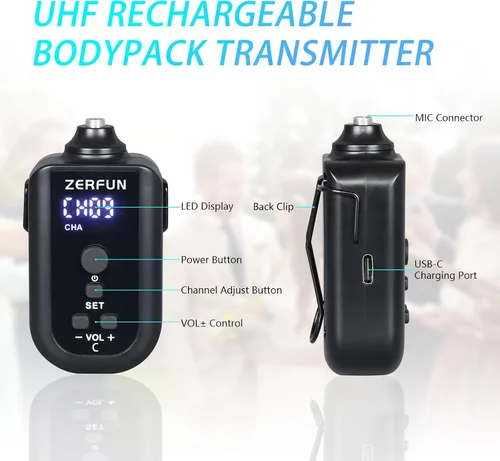 Vista 5 de Sistema de micrófono inalámbrico recargable profesional de 4 canales, auriculares de mano de metal UHF Lavalier con control VOL, frecuencia