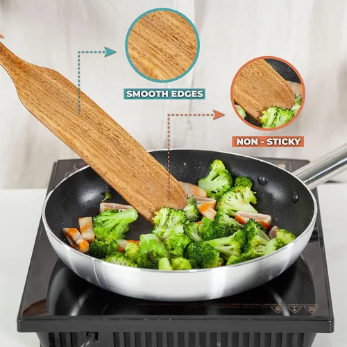 Vista 6 de Juego de 5 espátulas de madera + 1 pinza tostadora para revolver y servir como un genio – Herramientas de cocina de madera. Práctico para chef