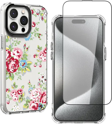 Vista 13 de Feitenn Funda para iPhone 15, policarbonato transparente + TPU suave a prueba de golpes, diseño de flores Beatuy con protector de pantalla de vidrio