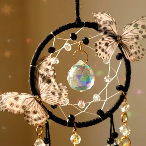 Vista 3 de Artilady Atrapasueños para niñas – Atrapasueños de mariposa pequeña negra con cristales, bonita decoración de habitación para adolescentes y niños