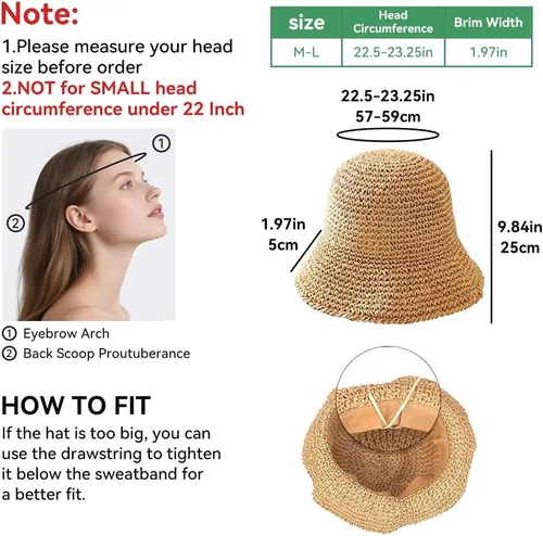 Vista 2 de Women Sun Hat Hand-Woven Packable Beach Bucket Hat Summer Floppy UV Protection Hats Beige