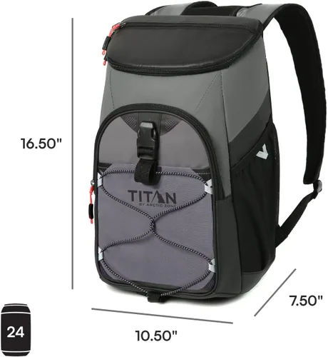 Vista 7 de Titan by Arctic Zone Backpack Cooler, Insulated Soft Sided Bag with Leak Proof Lining and Padded Straps, for Lunch, Picnic, and Travel, 24 Can Gris