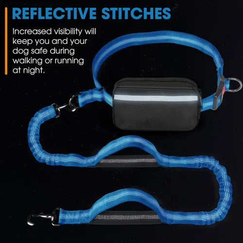 Vista 6 de Correa de perro manos libres con cinturón – Bungee sin tirones, asas acolchadas dobles y bolsa con cremallera para correr, caminar y entrenar