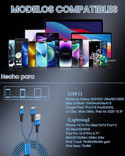 Vista 7 de Cable de carga USB múltiple, 2 en 1 USB C y cable de carga Lightning de 4 Azul