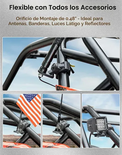 Vista 7 de KEMIMOTO UTV Soporte de montaje para luz de bandera de montaje en látigo, 1 unidad, resistente ajustable para jaula de barra enrollable de 1.75 a 2