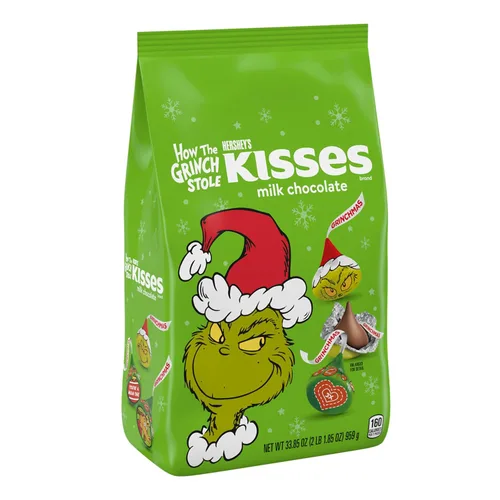 Vista 3 de HERSHEY'S KISSES Grinch - Bolsa a granel de chocolate con leche, caramelo de Navidad, 33.85 onzas