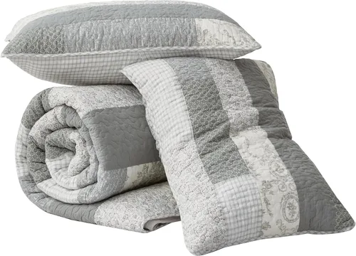 Vista 9 de Chezmoi Collection Caleb - Juego de edredón de 2 piezas con diseño floral a cuadros en gris apagado, blanco y marfil, rectangular, prelavado