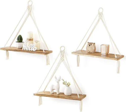 Vista 7 de Mkono - Juego de 2 estantes colgantes de macramé estilo bohemio para decoración de pared, estantes flotantes de madera rústica para almacenamiento
