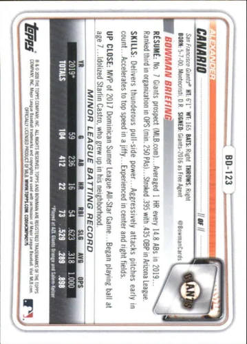 Vista 2 de 2020 Bowman Draft Baseball Sky Blue #BD-123 Alexander Canario S499 San Francisco Giants Official MLB Trading Card in Near Mint to Mint Condition