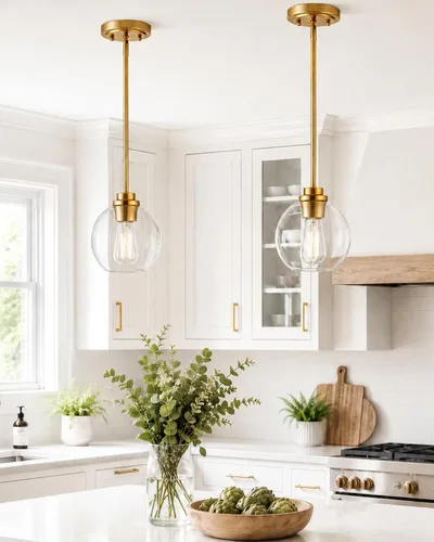 Vista 13 de Luces Colgantes para Isla de Cocina, 7" Luminarias Colgantes Negras y Doradas con Pantalla de Globo de Vidrio Transparente, Iluminación Moderna