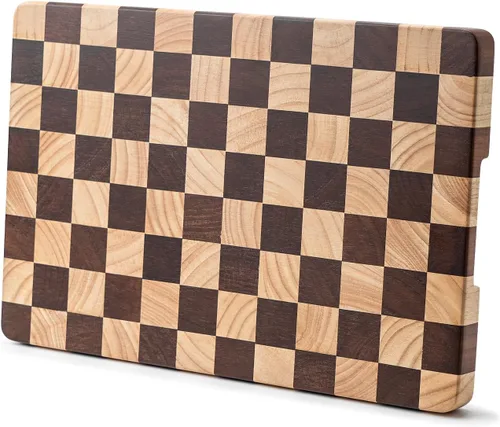Vista 9 de Tabla de cortar de madera bloque de carnicería, tabla de cortar de madera con patrón de tablero de ajedrez y asas laterales interiores para carne