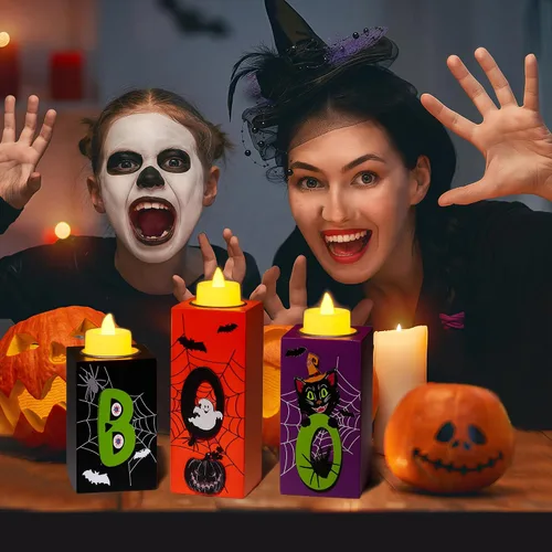 Vista 5 de BlcTec Decoraciones de Halloween, 3 PIEZAS Portavelas de Madera de Halloween con Luces de Té LED y Tallado 3D, Centros de Mesa de Velas de Madera
