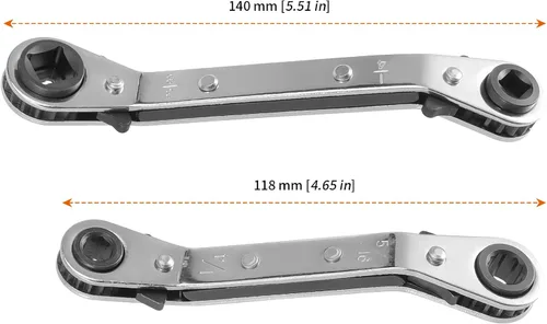 Vista 2 de HOZEON 4 herramientas de llave de servicio HVAC, llave curva de trinquete con adaptador de broca hexagonal, juego de llaves de servicio