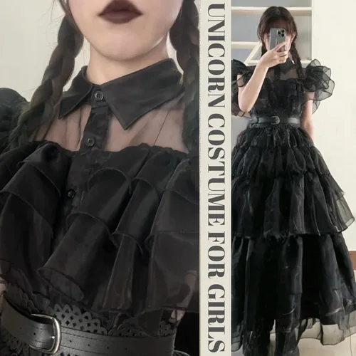 Vista 5 de Vestido Wednesday Addams para niñas, vestido de Merlina para niñas, vestido Wednesday Addams para niños, con peluca de miércoles para niños