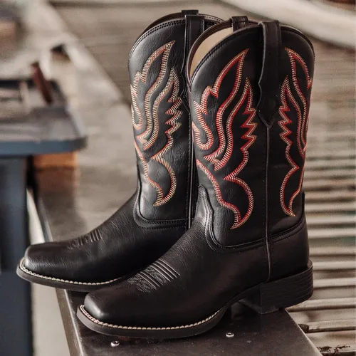 Vista 7 de Palitutu Botas vaqueras para mujer a media pantorrilla, botas vaqueras de cuero para mujer, botas de punta con bordado occidental