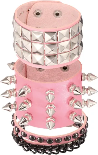 Vista 8 de MECCANIXITY Juego de pulseras de cuero con tachuelas de rock punk, brazalete gótico con púas de PU, pulseras ajustables Emo Grunge, accesorios