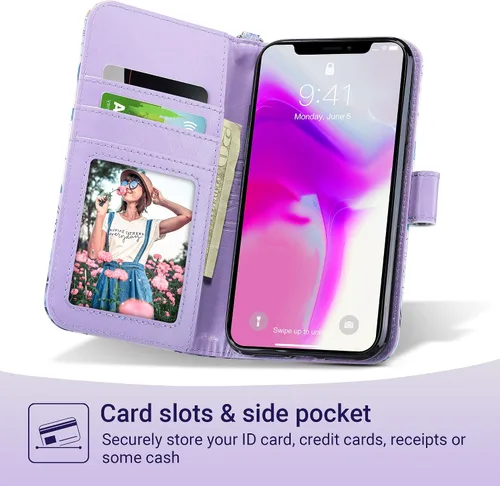 Vista 2 de ULAK - Funda tipo cartera compatible con iPhone 11 para mujer, diseño de flor [RFID Blocking] Premium PU Leather Folio Flip Cover with Card