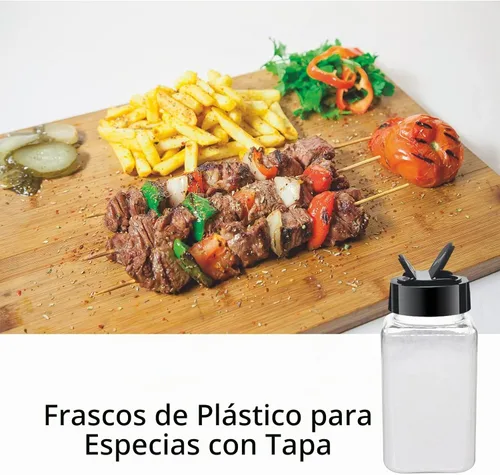 Vista 6 de Paquete de 12 tarros de especias de plástico transparente de 4 onzas con tapas de plástico negro, botellas cuadradas de especias, recipientes